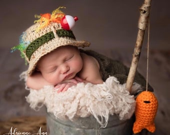 Baby Fishing Fisherman Hat w/Fish - Newborn Fishing Hat - Fisherman Hat - Fishing Hat - Newborn Boy Hat - Newborn Girl Hat - Infant Fishing
