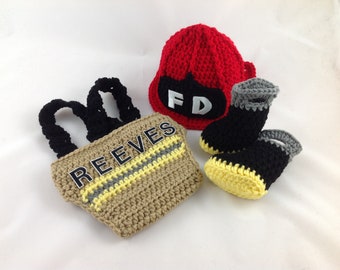 Baby Boy Firefighter Outfit - 4pc Crochet Diaper Cover Set w/Susp and Boots - Baby Fireman Outfit