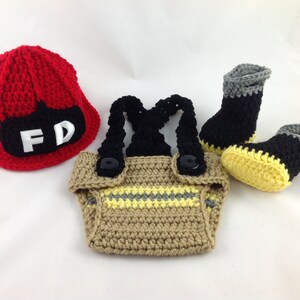 Baby Boy Firefighter Fireman Hat Outfit 4PC Crochet Diaper Cover Set w/Susp and Boots Photo Prop MADE TO ORDER image 6