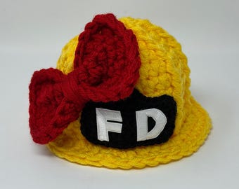 Baby Girl Firefighter Hat - Baby Firefighter Hat in Yellow with Red Bow - Firefighter Baby Girl - Firefighter Baby Shower - Baby Shower Gift