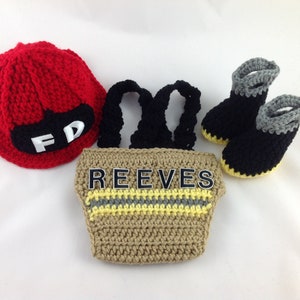 Baby Boy Firefighter Fireman Hat Outfit 4PC Crochet Diaper Cover Set w/Susp and Boots Photo Prop MADE TO ORDER image 1