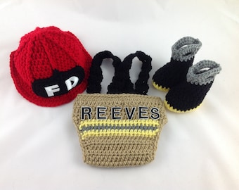 Baby Boy Firefighter Fireman Hat Outfit 4PC Crochet Diaper Cover Set w/Susp and Boots Photo Prop