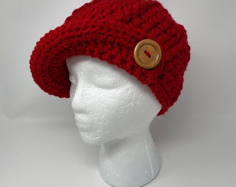 Red Crochet Newsboy Hat: Chunky Acrylic Cloche with Button