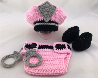 Baby Girl Police Outfit - Police Baby Girl - Police Baby Shower - Crochet - Photography Prop - Newborn - Baby Shower Gift - Pink