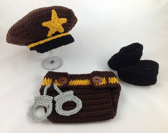 Baby Sheriff Outfit - Baby Police Outfit - Infant Police Outfit -  Crochet - Photography Prop - Baby Shower Gift - Baby Cop - Policeman Hat
