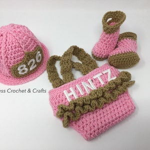 Baby Girl Firefighter Fireman Outfit 4pc Crochet Diaper Cover Set w/Susp & Boots - Newborn Firefighter Outfit