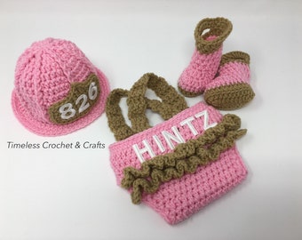 Baby Girl Firefighter Fireman Outfit 4pc Crochet Diaper Cover Set w/Susp & Boots - Newborn Firefighter Outfit