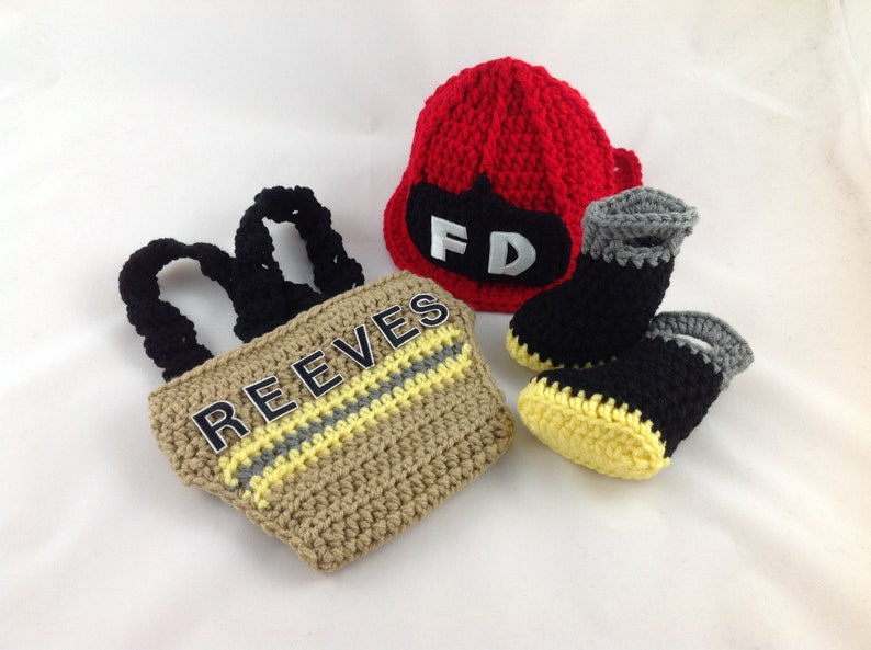 Baby Boy Firefighter Fireman Hat Outfit 4PC Crochet Diaper Cover Set w/Susp and Boots Photo Prop MADE TO ORDER image 3