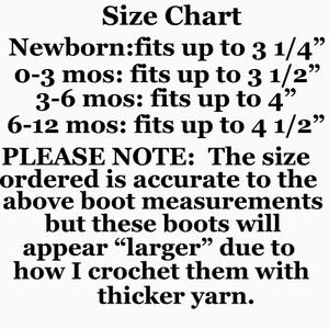 Puede incluir: Una tabla de tallas en blanco y negro para botas de beb&eacute;. Indica: Reci&eacute;n nacido hasta 8,26 cm, 0-3 meses hasta 8,89 cm, 3-6 meses hasta 10,16 cm, 6-12 meses hasta 11,43 cm. Las botas pueden parecer m&aacute;s grandes debido al hilo m&aacute;s grueso.