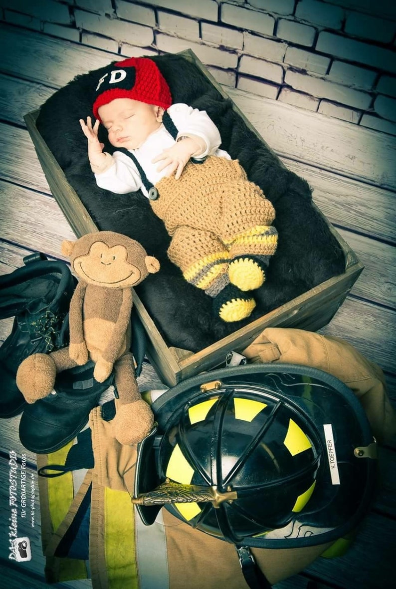 Baby Boy Firefighter Fireman Hat Crochet Outfit 4pc Crochet Pant Set w/Suspenders & Boots Newborn Photo Prop Made To Order image 1