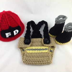 Baby Boy Firefighter Fireman Hat Outfit 4PC Crochet Diaper Cover Set w/Susp and Boots Photo Prop MADE TO ORDER image 5
