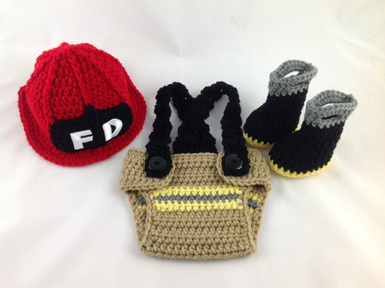 Baby Boy Firefighter Fireman Hat Outfit 4PC Crochet Diaper Cover Set w/Susp and Boots Photo Prop MADE TO ORDER image 5