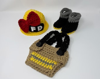 Baby Girl Firefighter Fireman Hat Outfit 4pc Crochet Diaper Cover Set w/Susp and Boots - MADE TO ORDER