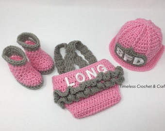 Baby Girl Firefighter Fireman Outfit 4pc Crochet Diaper Cover Set w/Susp & Boots Newborn Photography Prop - Baby Shower Gift