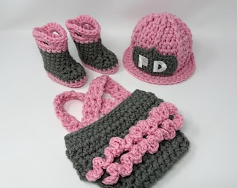 Baby Girl Firefighter Fireman Hat Outfit - 4pc Crochet Diaper Cover Set w/Ruffled Bottom Susp & Boots - Newborn- Photo Prop-Baby Shower Gift
