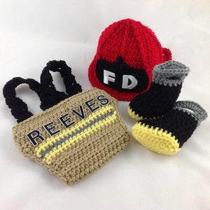 Baby Boy Firefighter Fireman Hat Outfit 4 PC Crochet Diaper Cover Set w/Susp & Boots - Newborn  Photo Prop