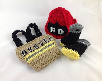 Baby Boy Firefighter Fireman Hat Outfit 4 PC Crochet Diaper Cover Set w/Susp & Boots - Newborn  Photo Prop