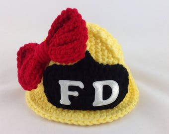 Baby Girl Firefighter Hat - Baby Firefighter Hat in Yellow with Red Bow - Firefighter Baby Girl - Firefighter Baby Shower - Baby Shower Gift