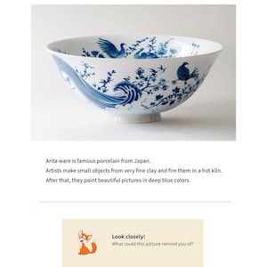May include: A white porcelain bowl featuring intricate blue hand-painted illustrations of birds, stylised waves, and floral branches. The bowl has a wide, open rim and a circular base, showcasing traditional Arita ware craftsmanship and design.