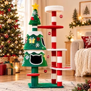 Christmas Cat Tree, Indoor Cat Tower with 2 Condos, Sisal Scratching Post & LED Lights