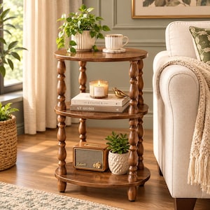 May include: A three-tiered round wooden side table with turned spindle legs. The top shelf holds a potted green plant and a white ribbed mug. The middle shelf features a candle and two books titled The Kinfolk and At Home. The bottom shelf holds a small radio and a potted plant.