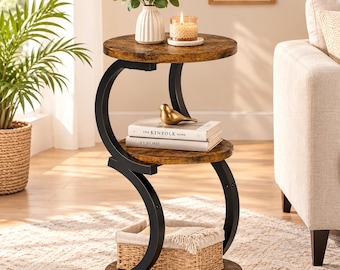 Modern 3-Tier Round End Table, Rustic Wood Side Table with Storage Shelves