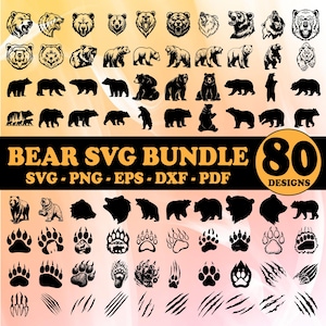 Puede incluir: Un conjunto de 80 diseños con temática de osos en formatos SVG, PNG, EPS, DXF y PDF. Los diseños incluyen siluetas de osos, caras de osos, huellas de osos y marcas de garras. Se muestra el texto "BEAR SVG BUNDLE".