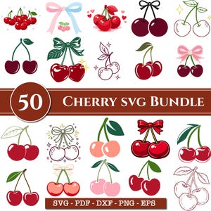 Può includere: Una collezione di design SVG a tema ciliegia. L'immagine presenta varie illustrazioni di ciliegie, tra cui grappoli, coppie e contorni, con fiocchi e foglie. Il testo "50 CHERRY SVG BUNDLE" è visualizzato in modo prominente, insieme alle informazioni sul tipo di file.