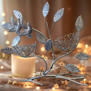 Silver Metal Jewelry Organizer: Pair Birds & Nests on branches (15x13 inch)