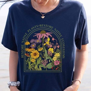 Native wildflowers of North America framed inside an arc. Words say restore native plants restore native ecosystems