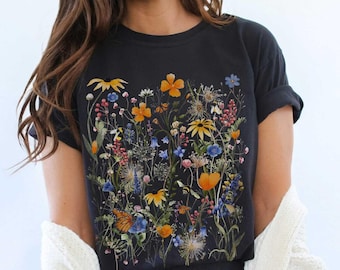 Native Plant Wildflower Garden Comfort Color Tee, California Pressed Florals, Happy Monarch Butterfly & Bumblebee Pollinators. Choose Joy