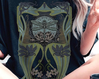 Dark Academia Dragonfly, Art Nouveau Linocut Shirt for Boho, Witchy, Forestcore, Festival, Lovers of Beautiful Art & Design. Perfect gift!