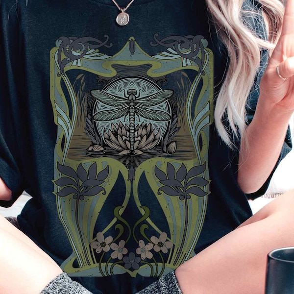 Dark Academia Dragonfly, Art Nouveau Linocut Shirt for Boho, Witchy, Forestcore, Festival, Lovers of Beautiful Art & Design. Perfect gift!