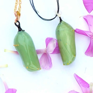 Handmade Monarch Chrysalis Necklace with 24k Gold - Unique Butterfly Jewelry for Nature Lovers - Artistic Gift Save the Monarch Eco Message
