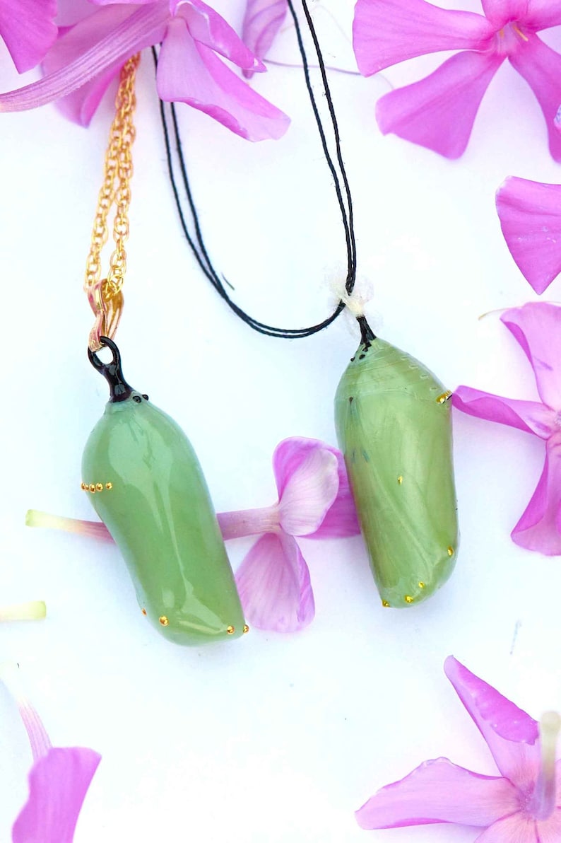 Handmade Monarch Chrysalis Necklace with 24k Gold Unique Butterfly Jewelry for Nature Lovers Artistic Gift Save the Monarch Eco Message image 1