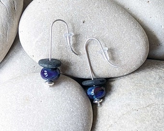 River stone and handmade lampwork bead earring set