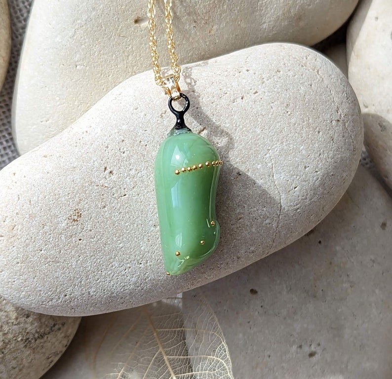 Handmade Monarch Chrysalis Necklace with 24k Gold Unique Butterfly Jewelry for Nature Lovers Artistic Gift Save the Monarch Eco Message image 2