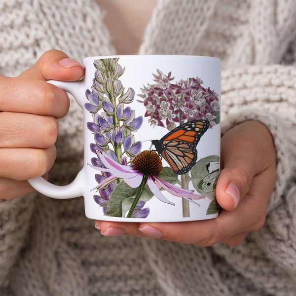 Monarchs on Native Plants Mug 11oz, ecology conservation gift for gardeners and nature lovers