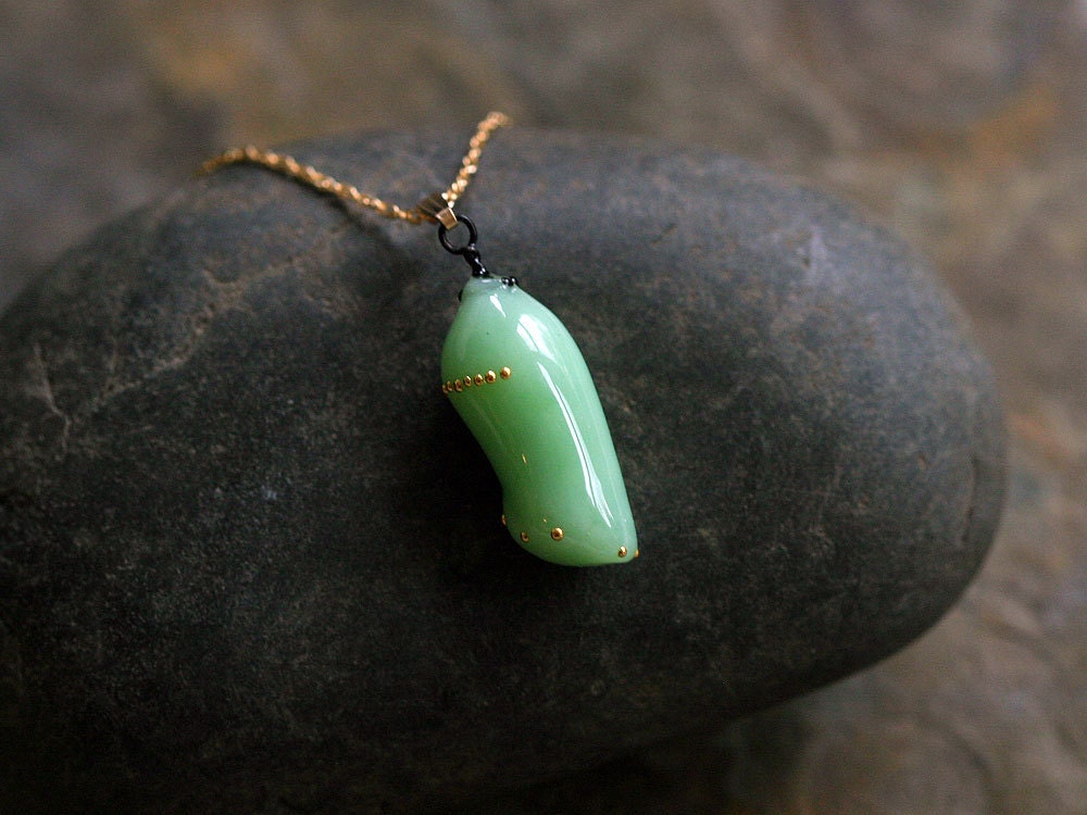 Art glass and 24k gold Monarch Chrysalis pendant