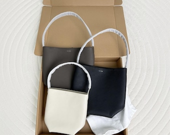 Minimalist Leather Bucket Bag, Laptop Compartment Tote, Urban Shoulder Purse