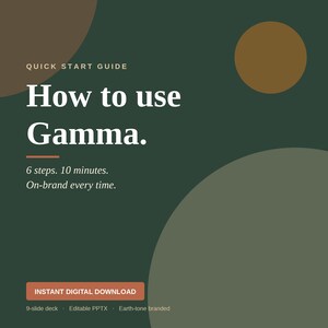 May include: A digital download graphic with a dark green background and earth-tone circles. The text reads "How to use Gamma" with the tagline "6 steps. 10 minutes. On-brand every time." Includes "Instant Digital Download" and details about the deck.