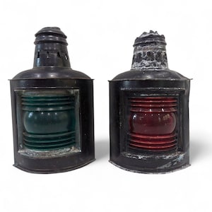Vintage Nautical Lanterns Pair // Antique DAMAGED Distressed Ship&#39;s Lanterns Black Metal Boat Lamp, Perko Style Marine Corner Lamp Salvage