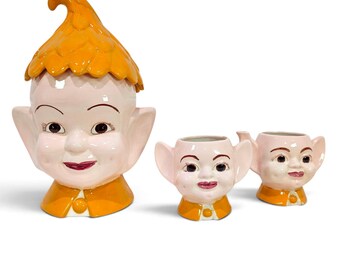 Vintage Ceramic Elf Cookie Jar Set // Porcelain Pixie Creamer Pitcher Sugar Bowl, Retro Christmas Kitchenware Tableware Mustard Yellow