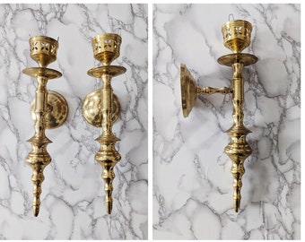 Vintage Brass Candle Sconces Pair // Wall-Mount Brass Sconce Candle Holders Classic Edwardian Victorian Rustic Wall Candelabras Set of Two 2