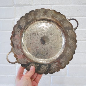 Antique Silver Plated Tray // Elegant Round Platter with Handles, &quot;Roseleaf&quot; by Benedict Plate 2404 Embossed Leaf Pattern, Wedding Tea Plate