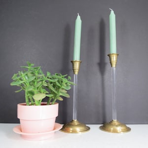 Brass and Lucite Candlesticks Pair // Vintage Mid Century Modern Taper Candle Holders Graduated Heights Centerpiece Set, Hollywood Regency