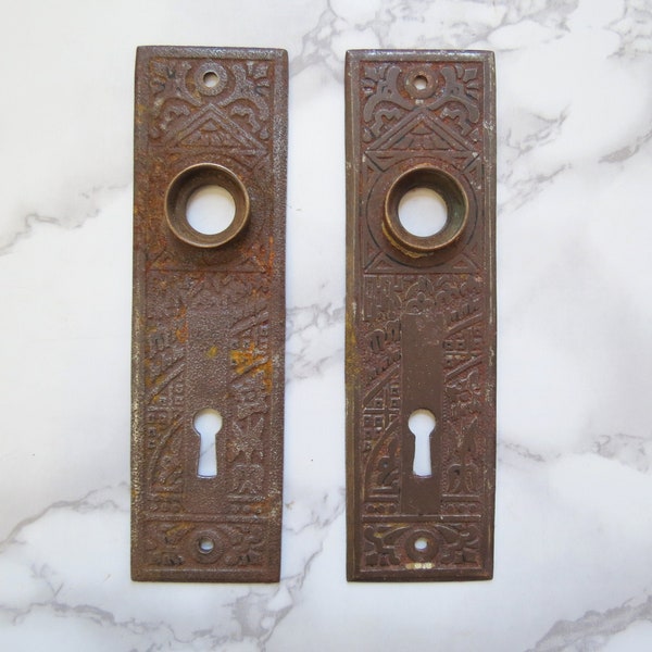 Antique Metal Door Plates // Antique Victorian Edwardian Worn Metal Doorknob Backplates Escutcheons Architectural Salvage Pair