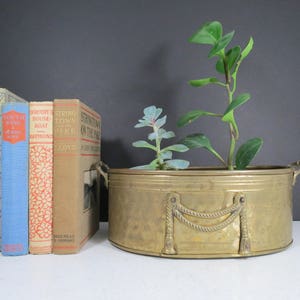 Pode incluir: Um vaso de latão com um design de corda em torno da borda. O vaso é oval e tem um acabamento martelado. Está cheio de plantas verdes e está sentado em uma superfície cinza escura.