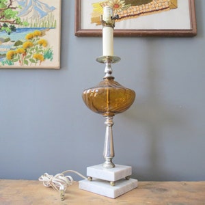 Vintage Amber Glass Table Lamp // Mid Century Golden Glass Lamp Marble Stone Base, Bohemian Boho, Hollywood Regency Modern Bedside Light