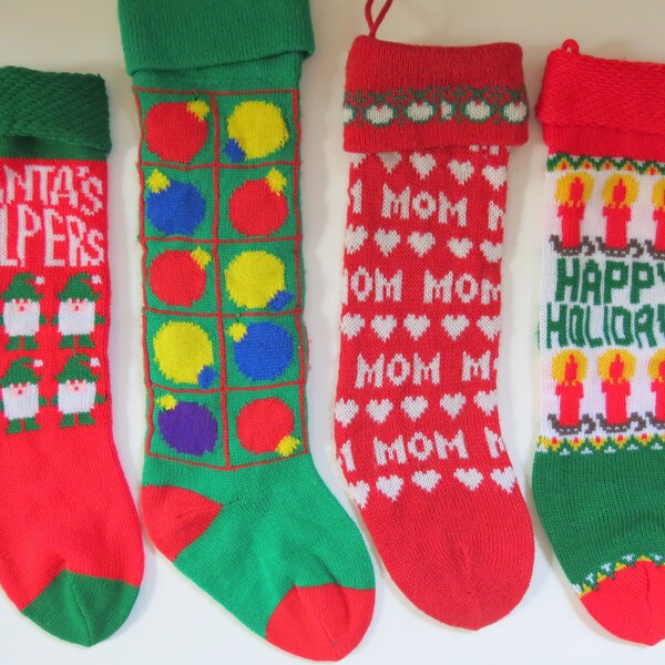 Retro Knit Christmas Stocking // ONE Vintage Patterned Stocking Red Green White Kitsch 1980's Nostalgic Holiday Mantle Decorations